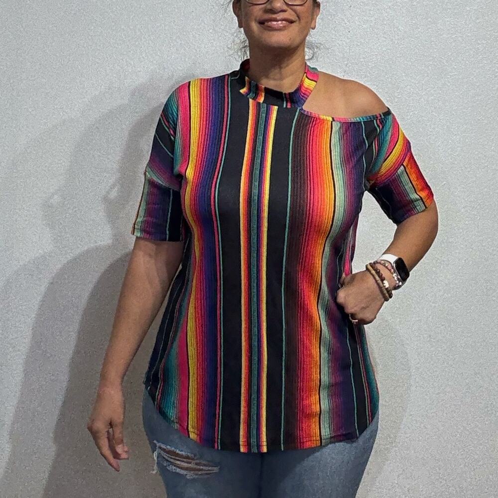 Crazy Train Striped Cold Shoulder Top Sz L